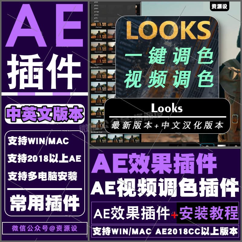AE/PR插件 looks 调色视频电影预设滤镜一键调整支持WinMac2025AE【3303期】
