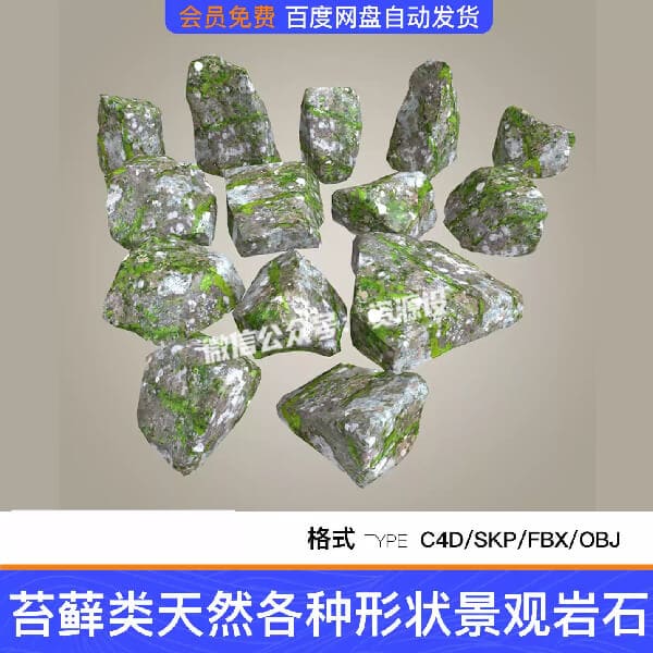 14款苔藓类天然各种形状岩石大小庭院景观石头SU模型C4D素材FBX【3685期】